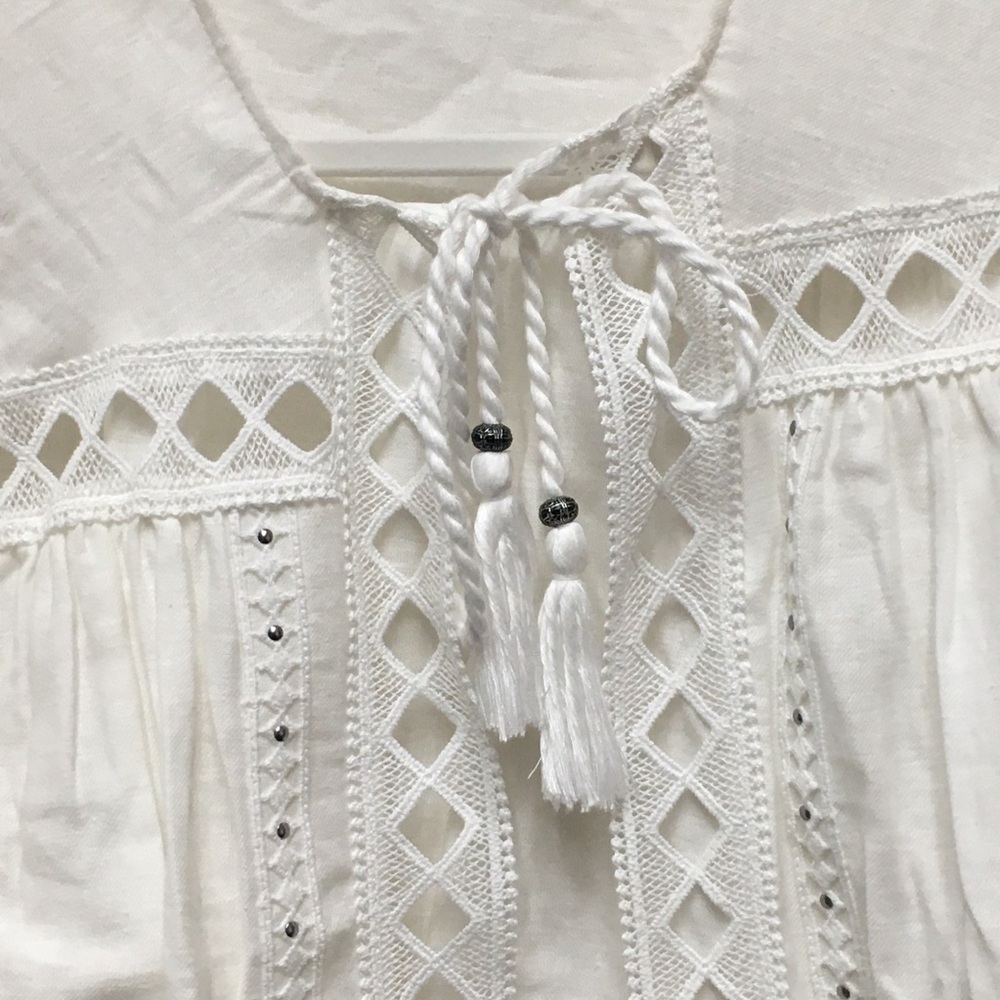 Zara Linen Cotton Embroidered Blouse Medium Cream Front Tassel Tie Beaded Boho - Picture 9 of 10